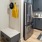 kitchen with island and seating at front door